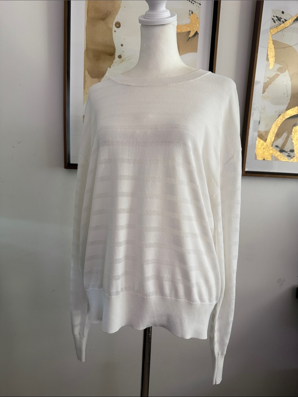 Rag & Bone lightweight white crewneck sweater horizontal sheer stripe
